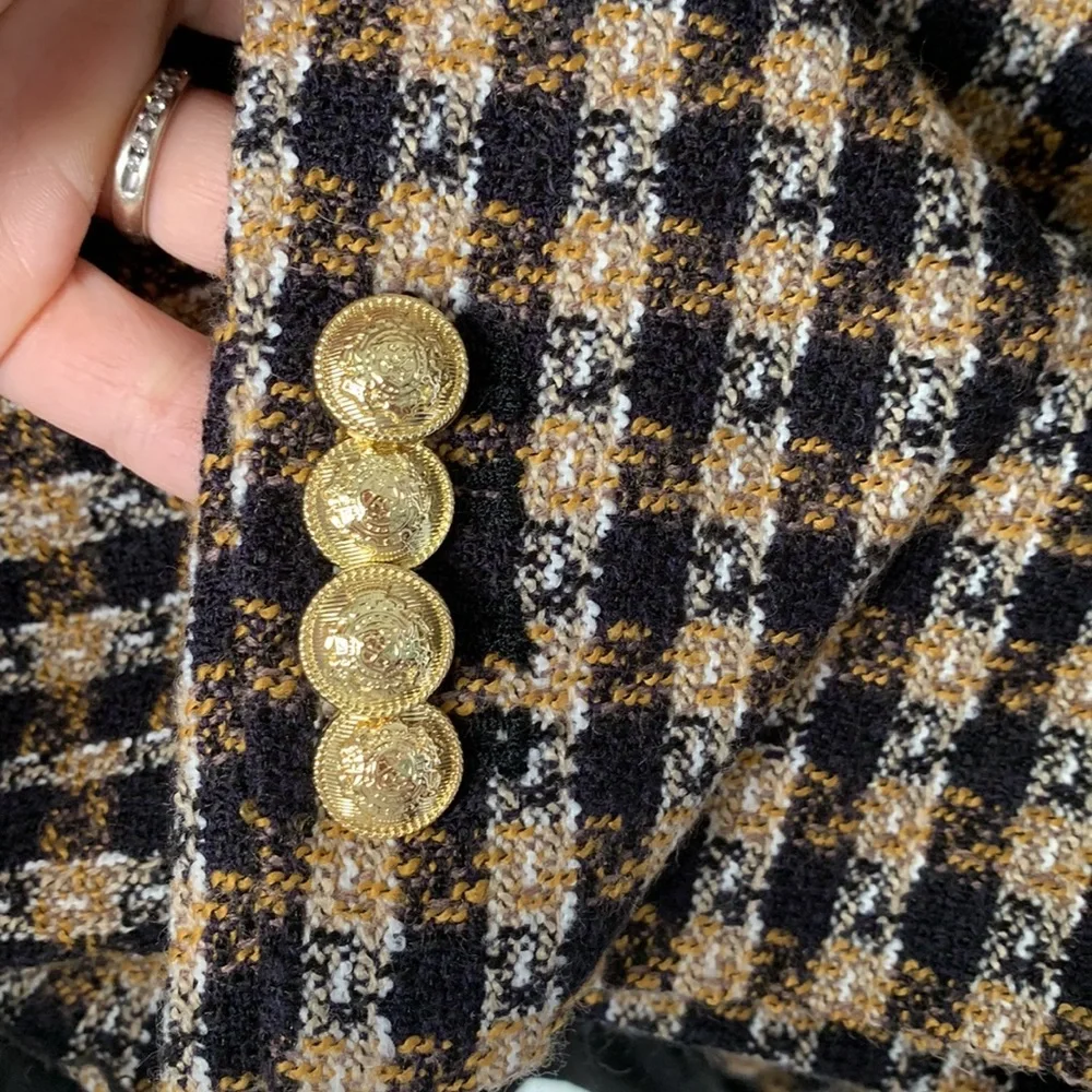 10 Crosby Derek Lam Tweed Checkered Black & Gold Ruffle Blazer size 16 - Picture 10 of 13